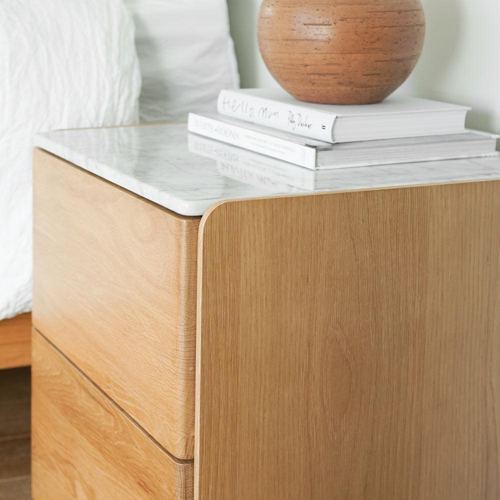 Cube Natural Oak Bedside - Carrara Marble Top - Humble & Grand Homestore